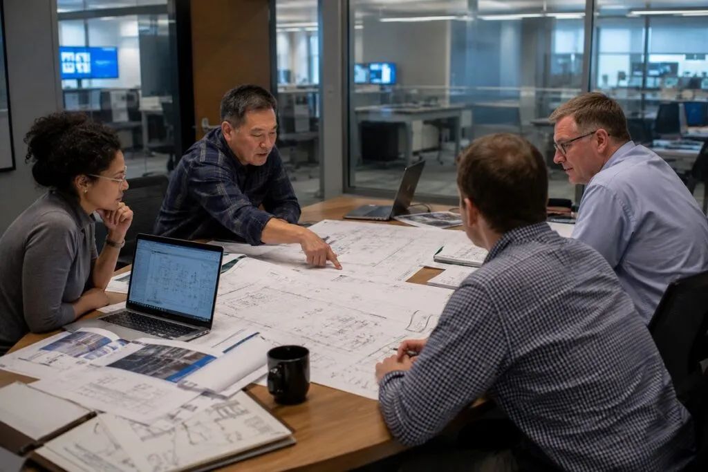 Engineering team reviewing technical drawings, laptops, and design markups during a collaborative engineering design review meeting.