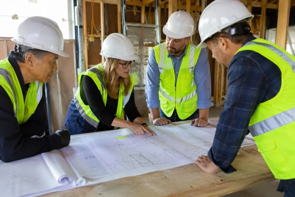 Engineers reviewing construction plans, discussing design details, and coordinating project decisions.