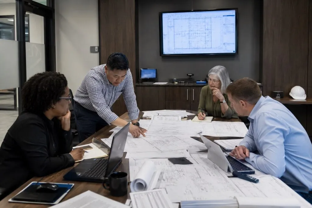 Engineering team reviewing printed technical drawings and discussing design markups during a collaborative design review meeting.