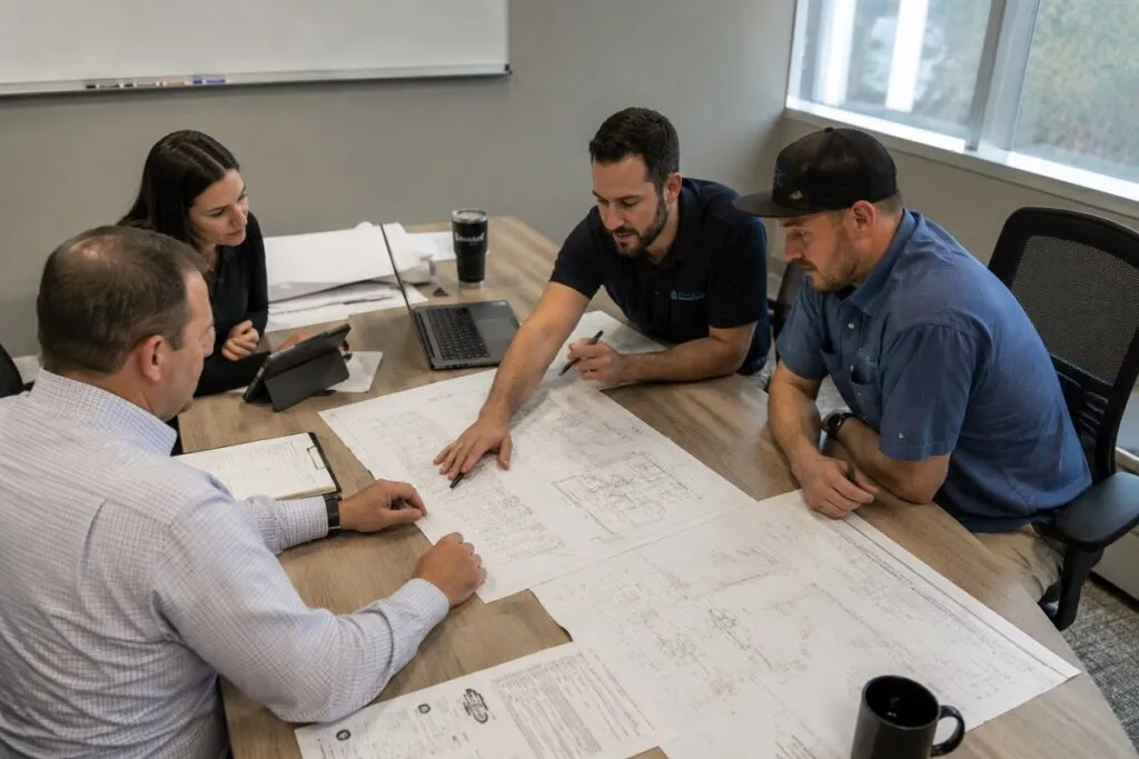 Engineering professionals reviewing technical drawings, analyzing design plans, and discussing project revisions during a design review meeting.