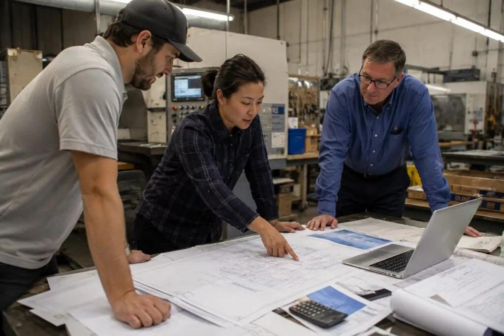Engineers reviewing technical drawings, design plans, and project markups during an engineering design review meeting.