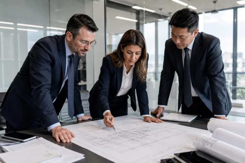 Engineering professionals reviewing technical blueprints and collaborating on design decisions during an engineering design review.