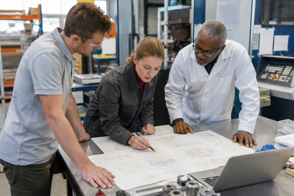 Engineers reviewing technical drawings, evaluating design specifications, and collaborating on engineering project plans.