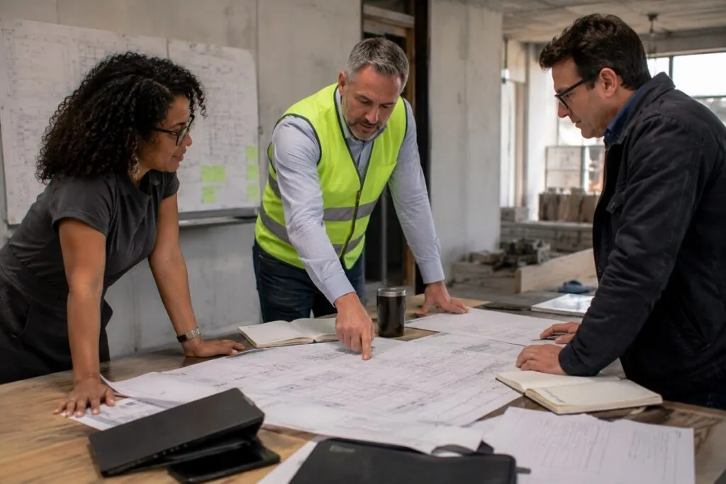 Engineering professionals reviewing blueprints, technical drawings, and project plans during a design review meeting.