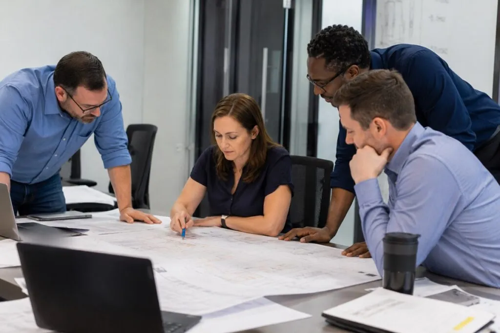 Engineering team reviewing technical drawings, discussing design markups, and collaborating on project plans.