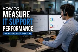 IT support professional measuring IT support performance using KPI dashboards and service metrics