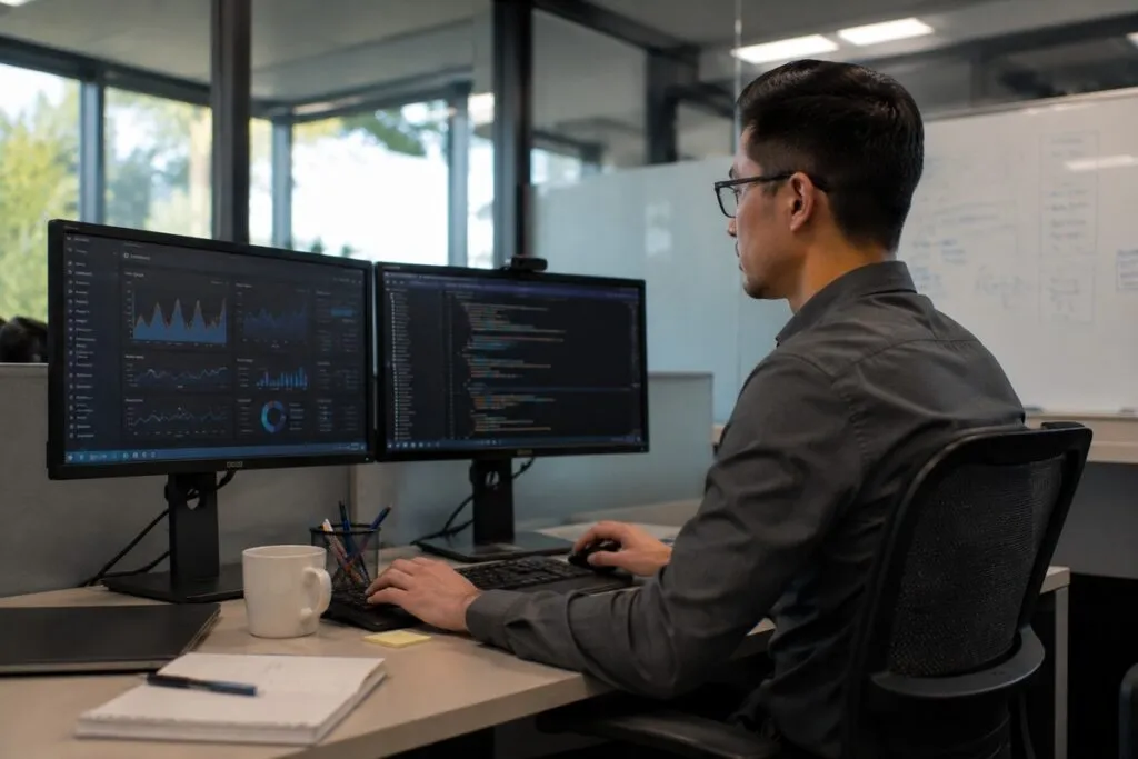 IT professional working in a modern office, managing systems, monitoring technology, and performing daily IT operations.