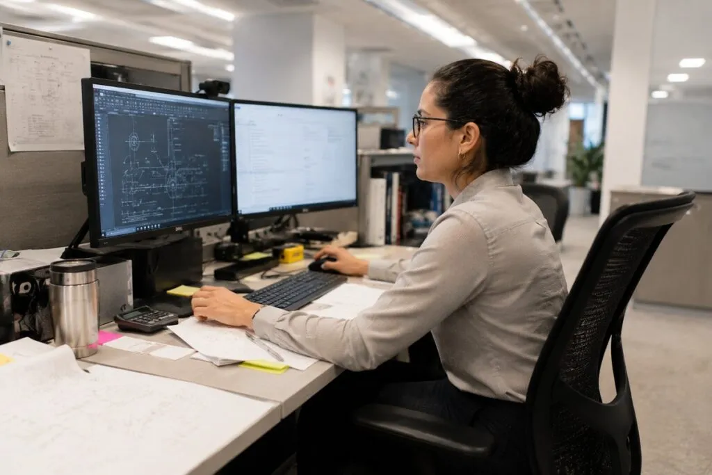 Female engineer working at a dual-monitor workstation in a modern office.