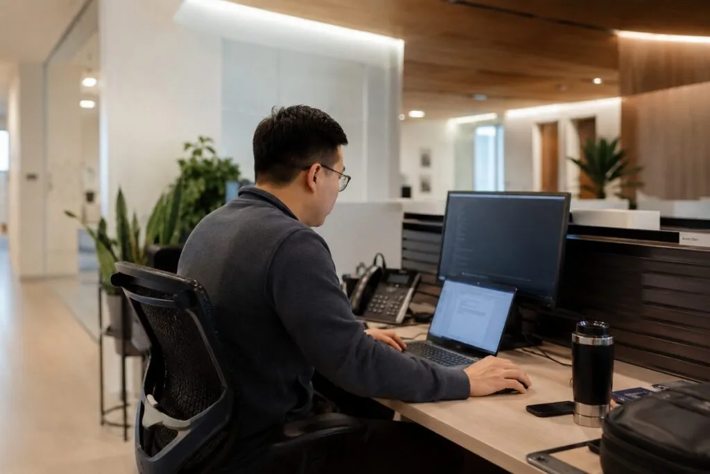 Engineer working at a workstation in a modern office cubicle.