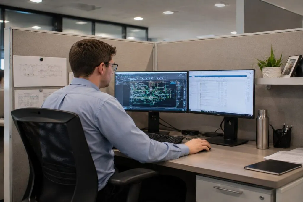 Engineer working at a dual-monitor workstation in a modern office cubicle.