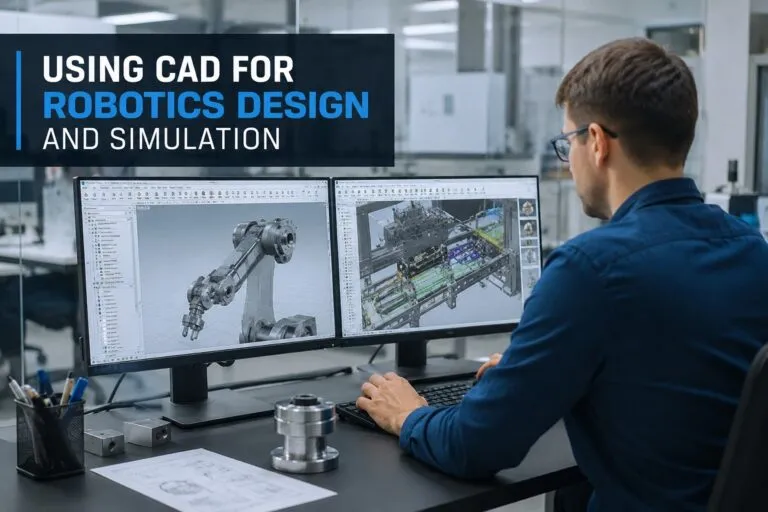 Using CAD for robotics design and simulation with a CAD engineer creating and testing a robotic arm model for accurate mechanical performance.