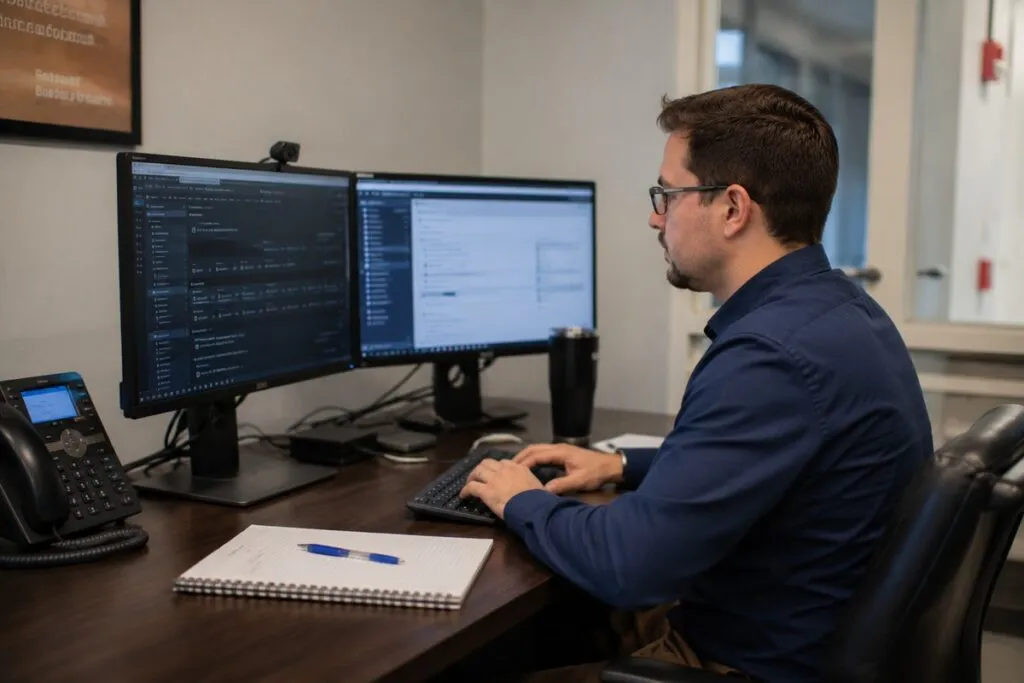 Mid-level IT professional working in a modern office, managing systems, monitoring technology, and performing daily IT operations.