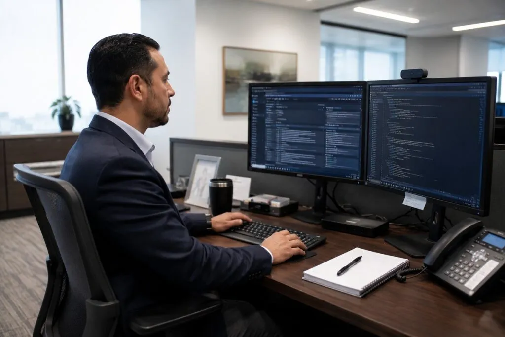 IT professional working in a corporate office, managing systems, monitoring technology, and performing daily IT operations.