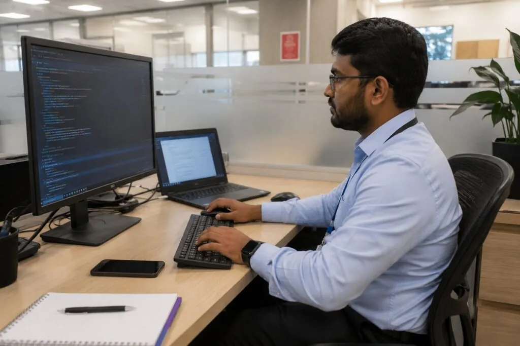 IT professional working at a desktop computer in a modern office, monitoring systems and performing technical support tasks.