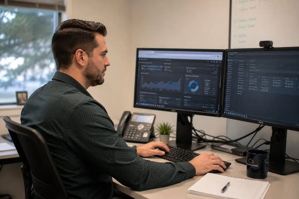 Mid-level IT professional working in a modern office, managing systems, monitoring technology, and performing daily IT support tasks.