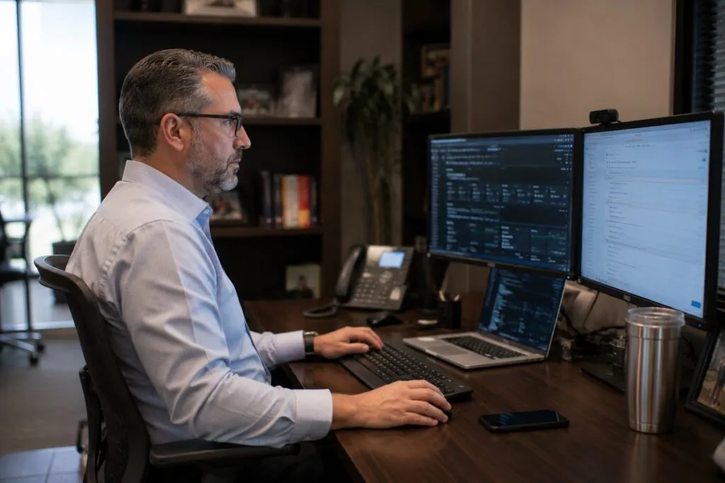 Senior IT professional working in a modern office, managing systems, monitoring technology, and overseeing daily IT operations.