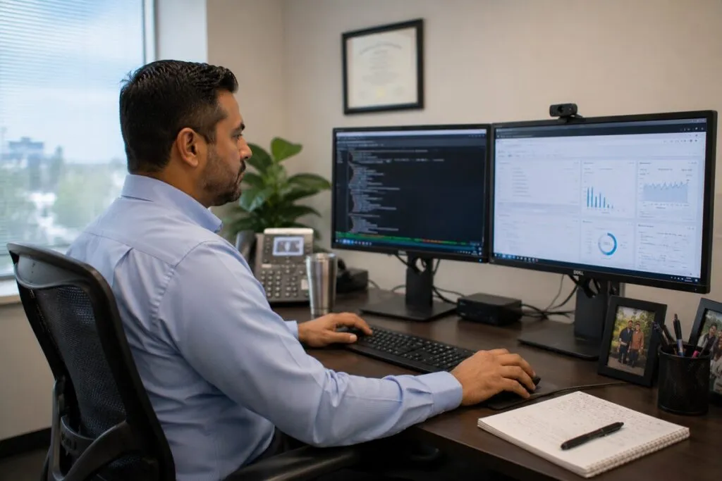 IT professional working in a modern office, managing systems, monitoring technology, and performing daily IT support tasks.