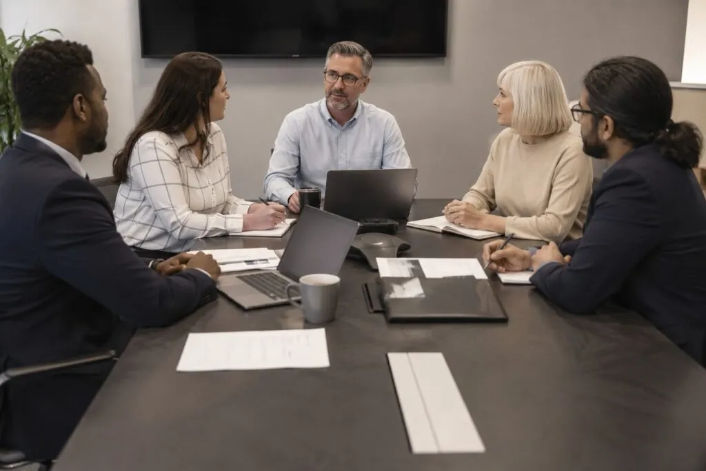 IT management team discussing infrastructure planning, technology strategy, and enterprise IT initiatives during a leadership meeting.