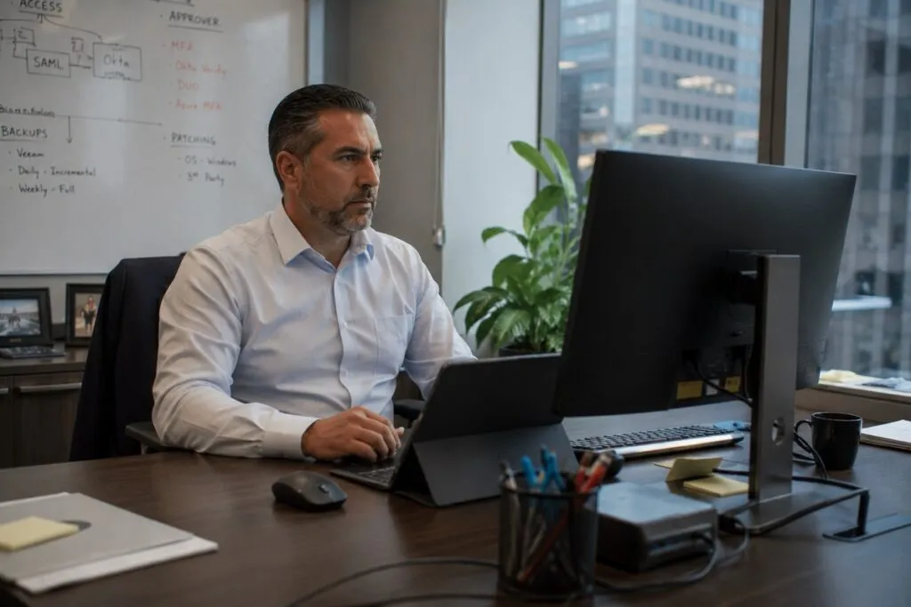 Senior IT professional working in a modern office, managing systems, monitoring technology, and overseeing daily IT operations.