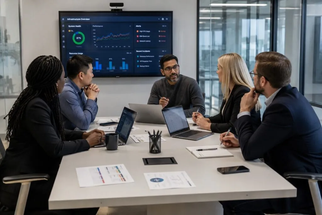 IT leadership team collaborating on enterprise infrastructure strategy, system performance, and technology planning.