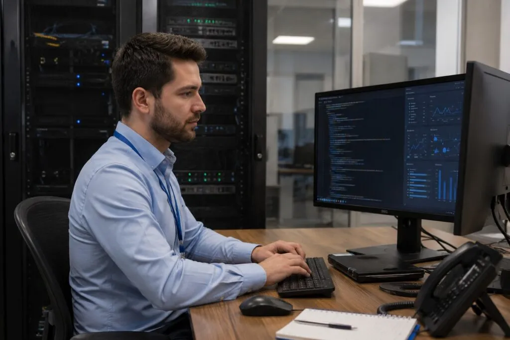 IT professional working at a computer in a modern office, monitoring systems and managing technical tasks.