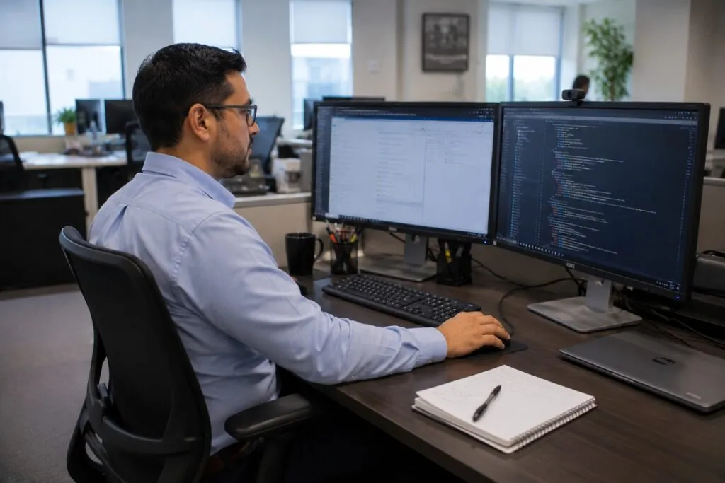 IT professional working in a modern office, managing systems, monitoring technology, and performing everyday IT operations.
