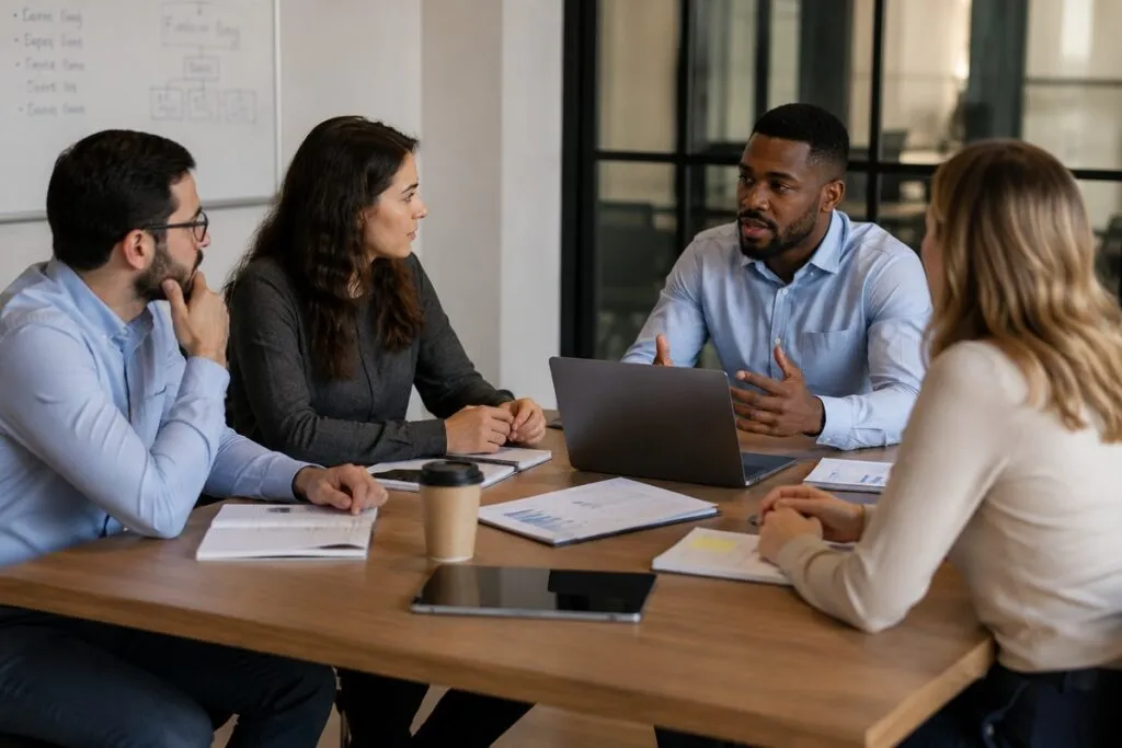 IT support team discussing technical support strategies, infrastructure planning, and service improvement initiatives.