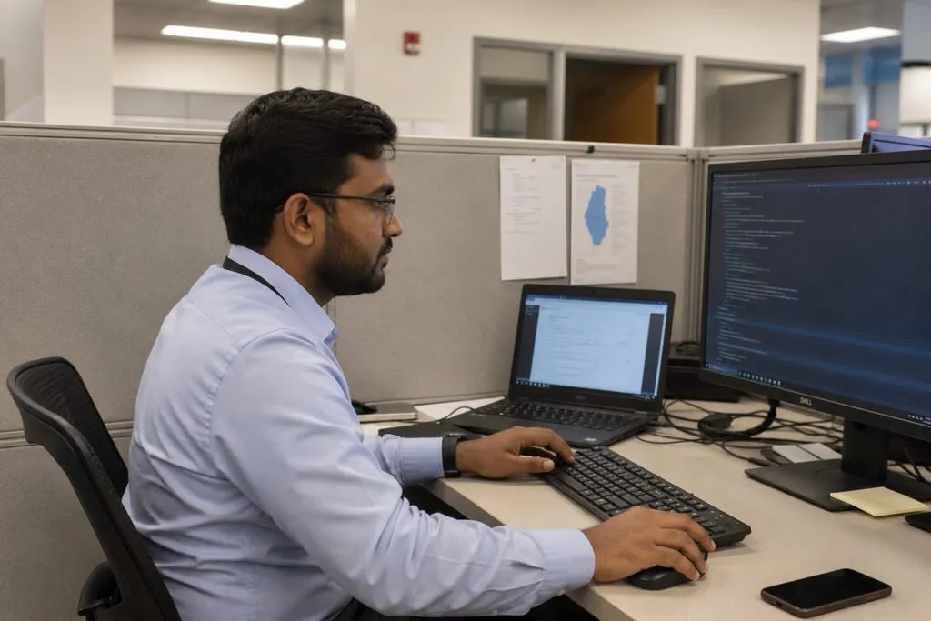 IT professional working at a desktop workstation in an office cubicle, managing systems and performing daily technical tasks.
