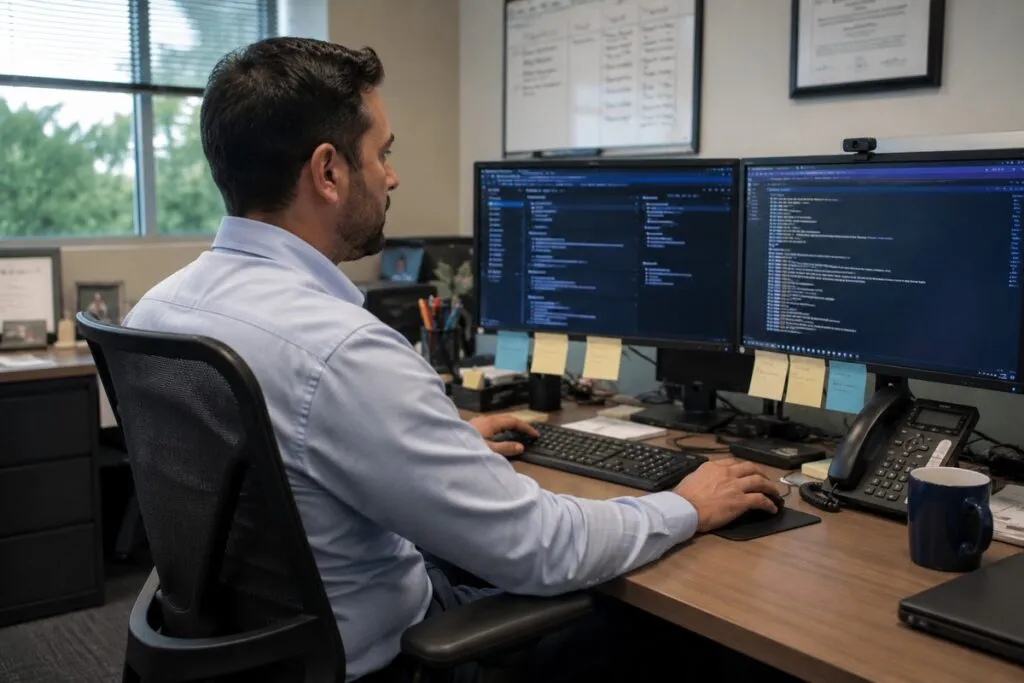 IT professional working in a modern office, managing systems, monitoring technology, and performing daily IT support tasks.