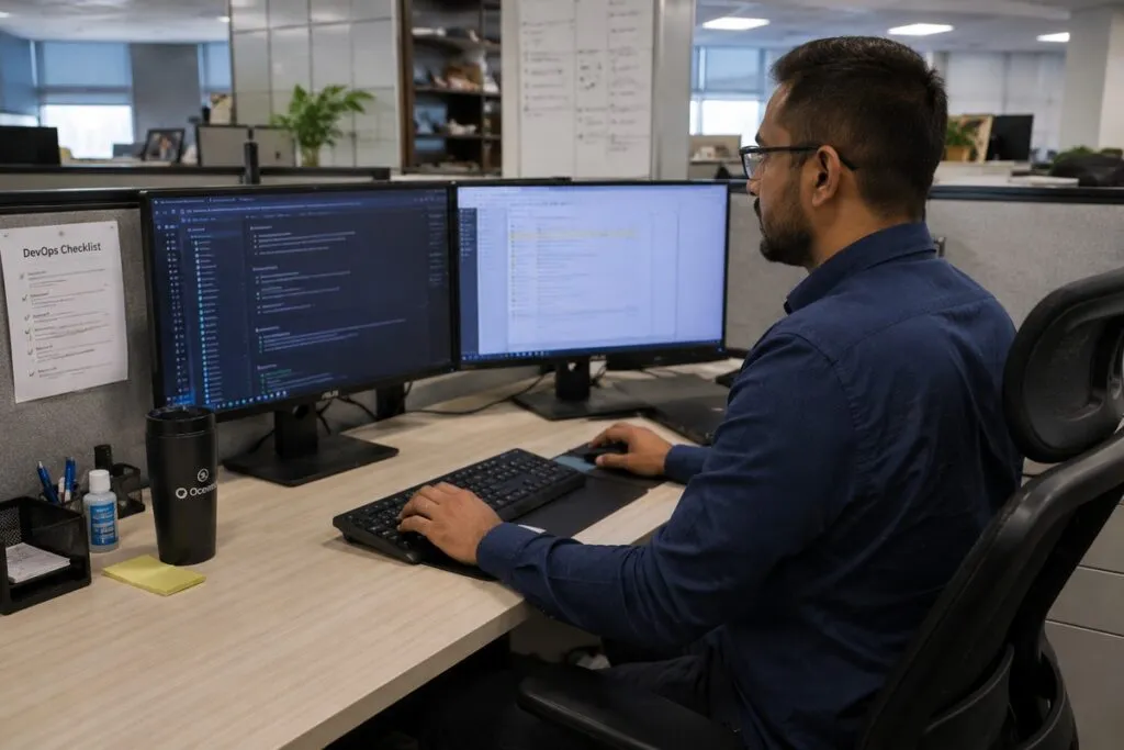 IT professional working at a dual-monitor computer setup in a modern office, managing systems and performing daily technical tasks.