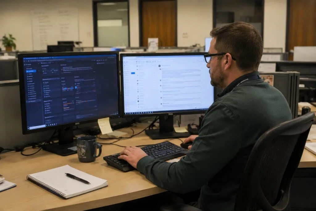 IT professional working at a dual-monitor workstation in a modern office, monitoring systems and performing technical operations.