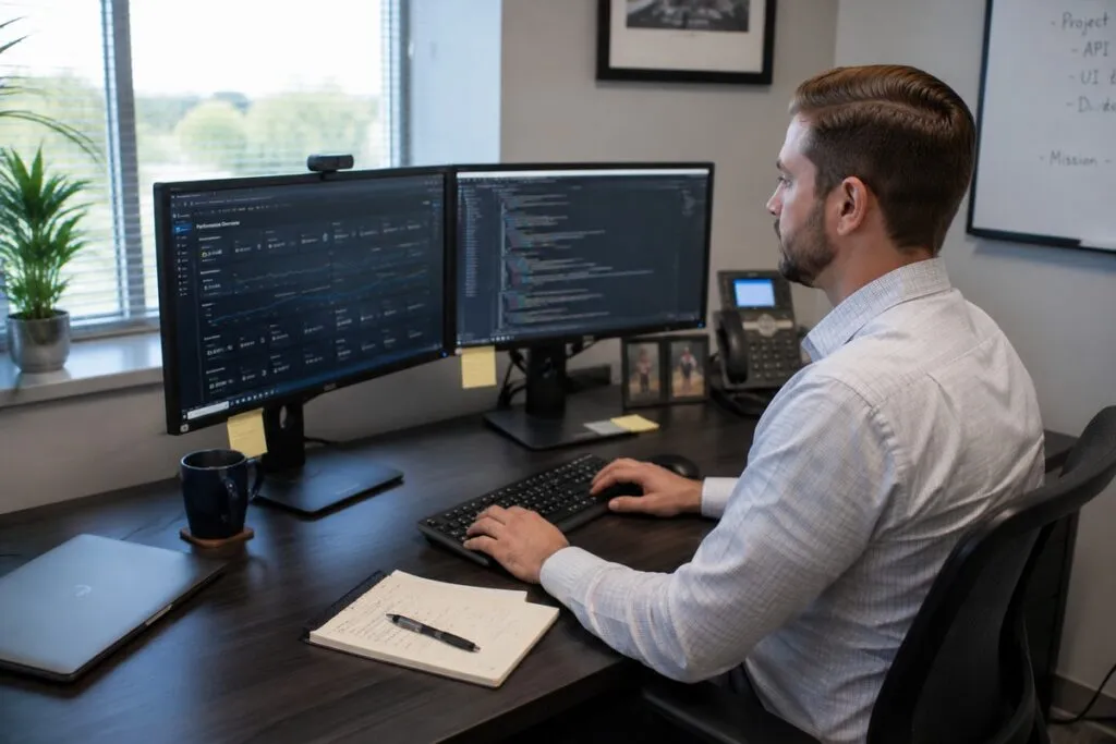 IT professional working in a modern office, managing systems, monitoring technology, and performing daily IT support tasks.