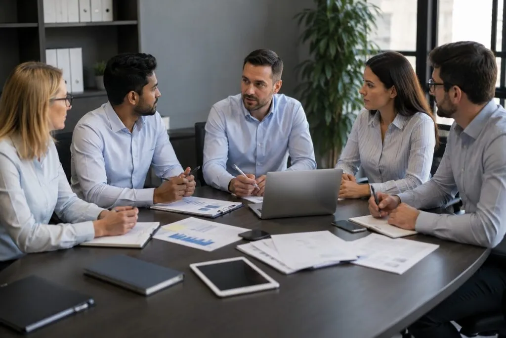 IT support team meeting to review technical issues, infrastructure planning, and IT support strategies.