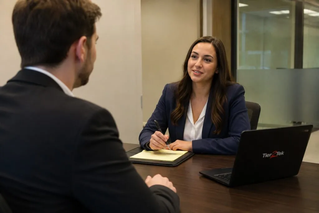 Tier2Tek recruiter interviewing a qualified candidate to evaluate skills, experience, and job fit.