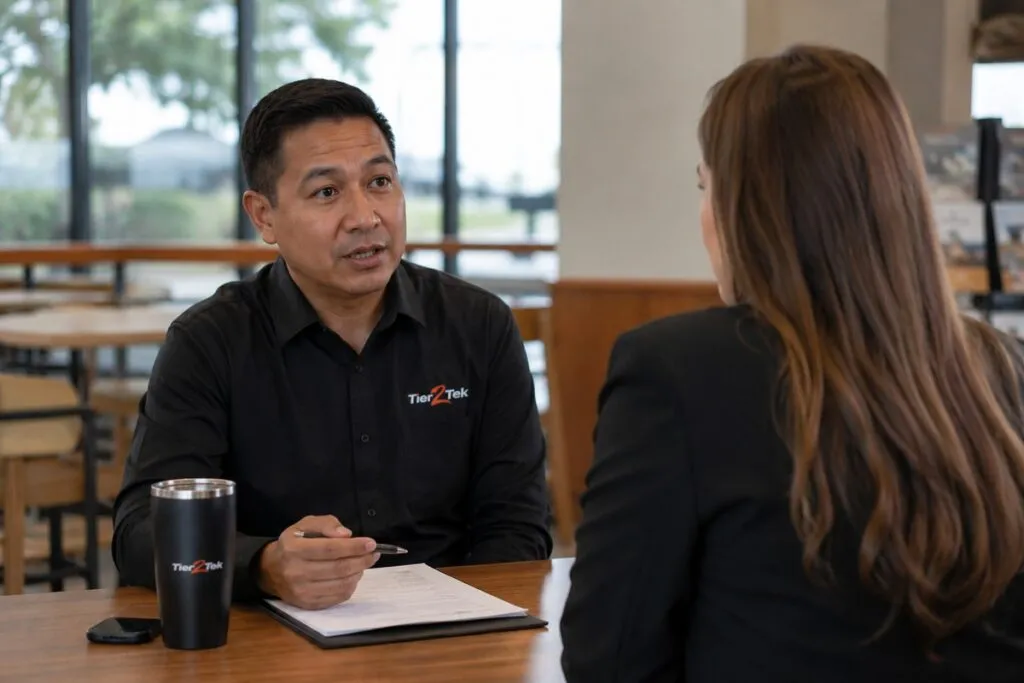 Tier2Tek recruiter speaking with a qualified job candidate during a professional hiring interview.