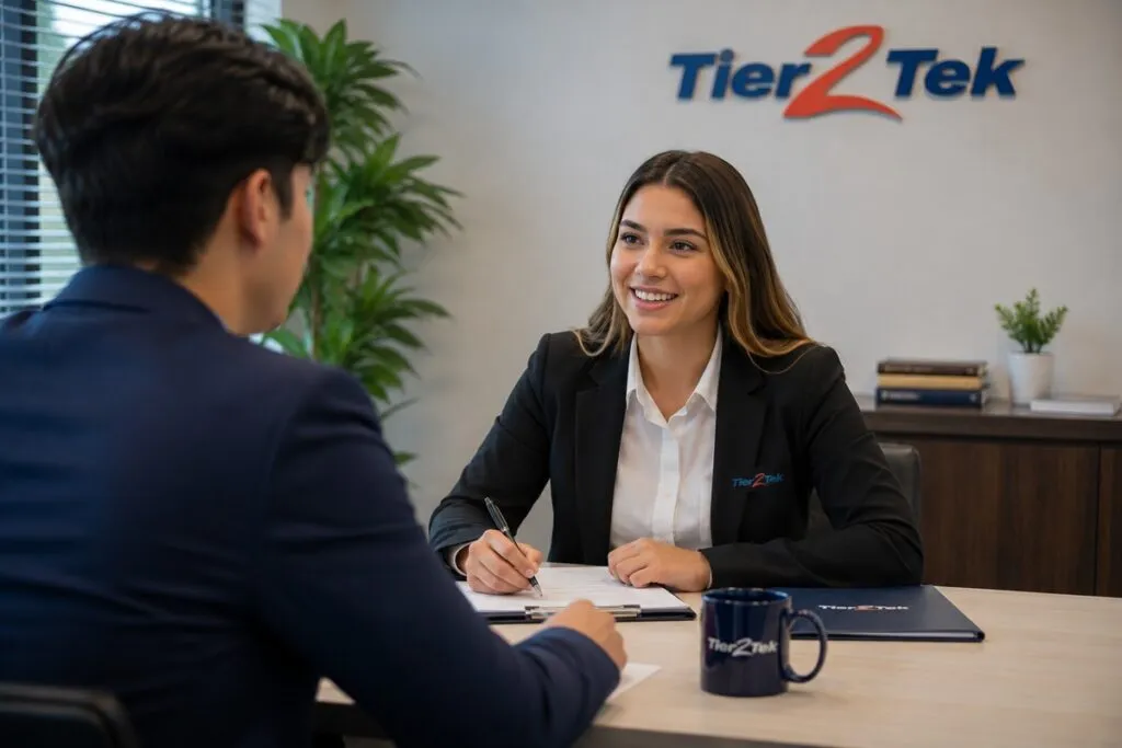 Tier2Tek recruiter interviewing a job candidate to evaluate experience, qualifications, and career fit.