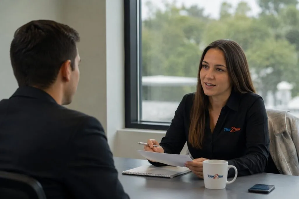 Tier2Tek recruiter reviewing a candidate's qualifications during a professional job interview.