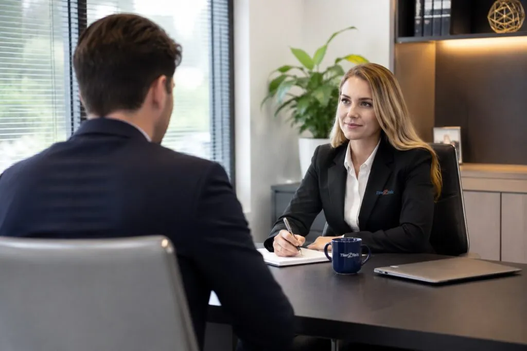 Experienced Tier2Tek recruiter interviewing a qualified job candidate during a professional hiring meeting.