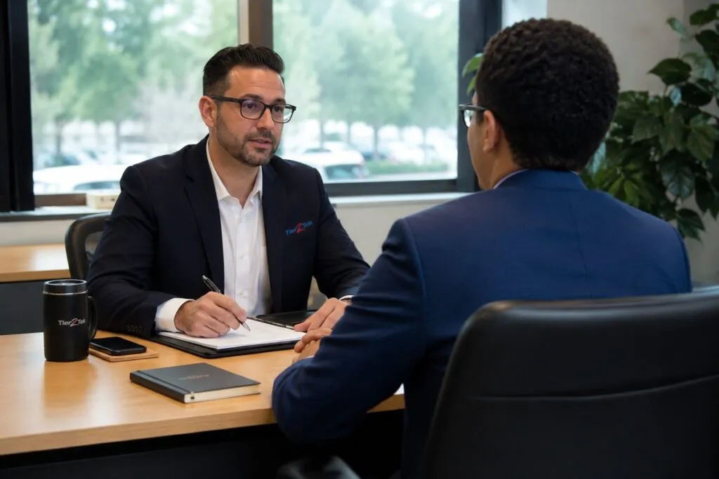 Tier2Tek recruiter interviewing a professional candidate to assess qualifications, experience, and career fit.