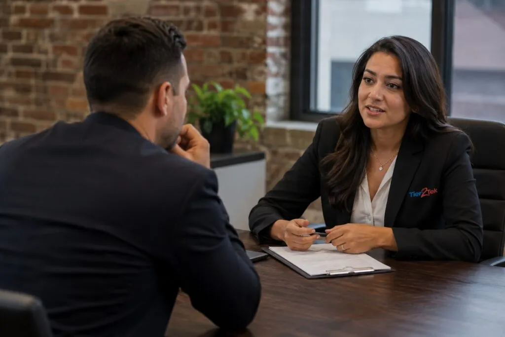 Tier2Tek recruiter interviewing a qualified candidate to evaluate experience and career fit.