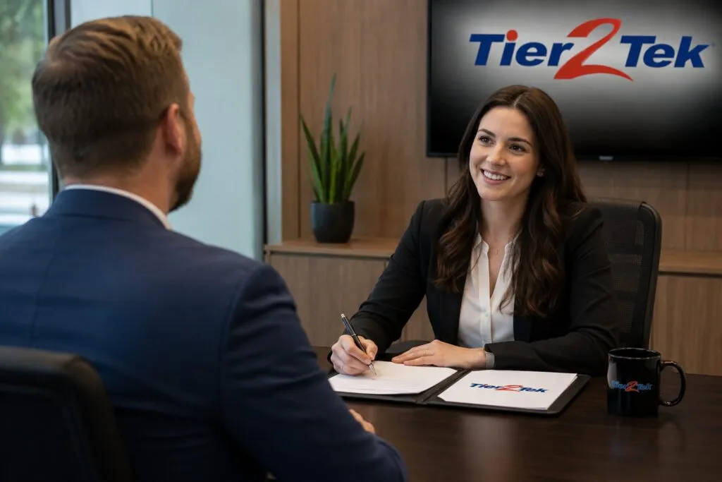 Tier2Tek recruiter interviewing a qualified job candidate to assess experience, skills, and overall fit.