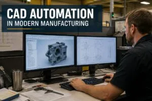 CAD automation in modern manufacturing showing an engineer using CAD software for automated mechanical design and technical drawings.