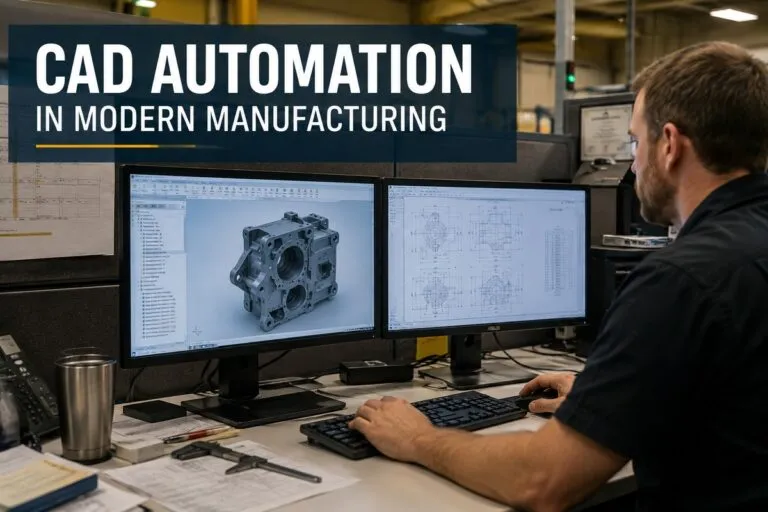 CAD automation in modern manufacturing showing an engineer using CAD software for automated mechanical design and technical drawings.