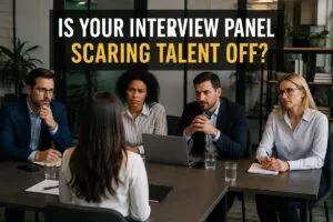 Interview panel evaluating a job candidate during a direct hire interview, highlighting how the interview experience can impact top talent.