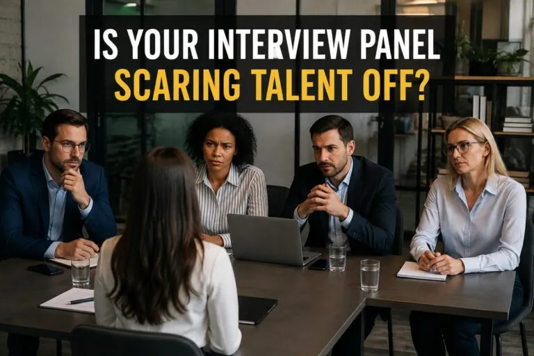 Interview panel evaluating a job candidate during a direct hire interview, highlighting how the interview experience can impact top talent.