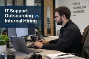 IT Support Outsourcing vs Internal Hiring featuring an IT support professional working at a computer in a modern office.