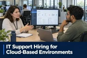 Hiring manager interviewing an IT support candidate with a cloud management dashboard displayed.