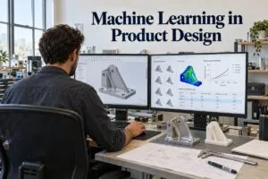 Engineer using machine learning in product design to compare CAD models and predict component performance.