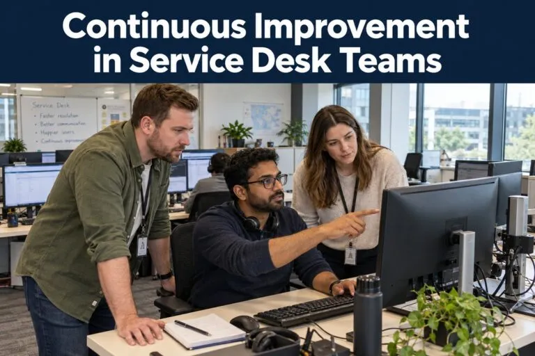 IT support professionals reviewing tickets for continuous improvement in service desk teams.