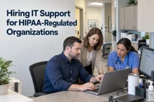 IT support specialist helping healthcare staff with technology in a HIPAA regulated organization.
